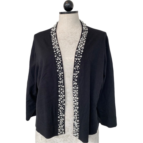 Calvin Klein Black Crop Open Cardigan  Sweater Pearl Collar & Trim  Size 1X - Picture 3 of 13